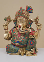 Indian Lord Ganesha Handmade Brass Statue With Inlay Work