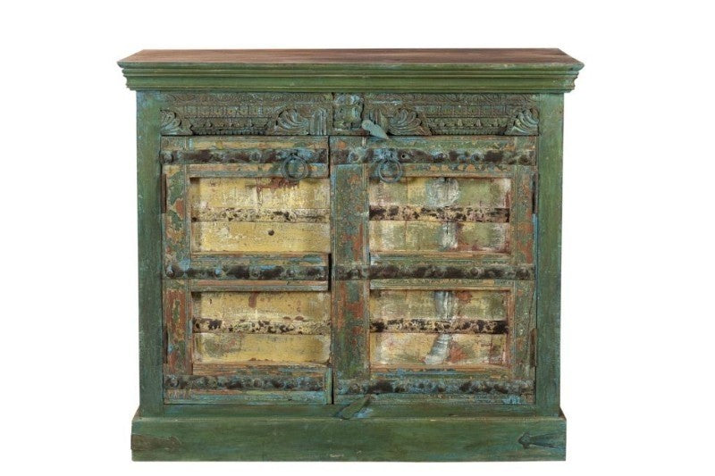 Antique Vintage Doors Cabinet With Drawers Solid Dark Wood Indian Brocante