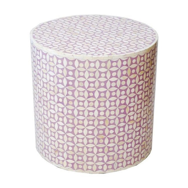 Maaya Bone Inlay Round drum Side Table Pink Geometric L