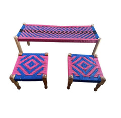 Indian Solid Wood Handmade Charpai Bench Set with 2 Stools Khat Manjhi Woven Charpai