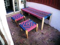 Indian Solid Wood Handmade Charpai Bench Set with 2 Stools Khat Manjhi Woven Charpai