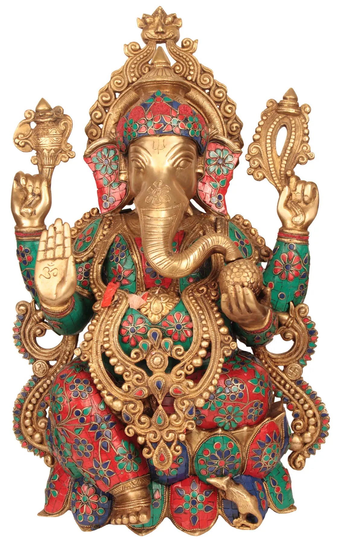 Indian Lord Ganesha Handmade Brass Statue With Inlay Work