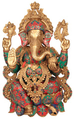 Indian Lord Ganesha Handmade Brass Statue With Inlay Work