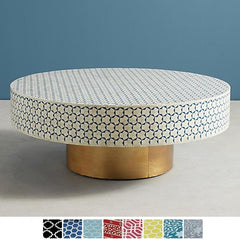 Maaya Brass Bone Inlay Round Drum Coffee Table Blue Daisy