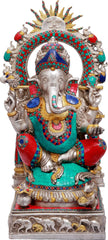 Indian Lord Ganesha Handmade Brass Statue With Inlay Work