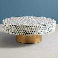 Maaya Brass Bone Inlay Round Drum Coffee Table Blue Daisy