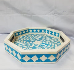 Real Bone Inlay Designer Luxury Breakfast Serving Tray Service Blue Floral