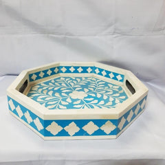 Real Bone Inlay Designer Luxury Breakfast Serving Tray Service Blue Floral