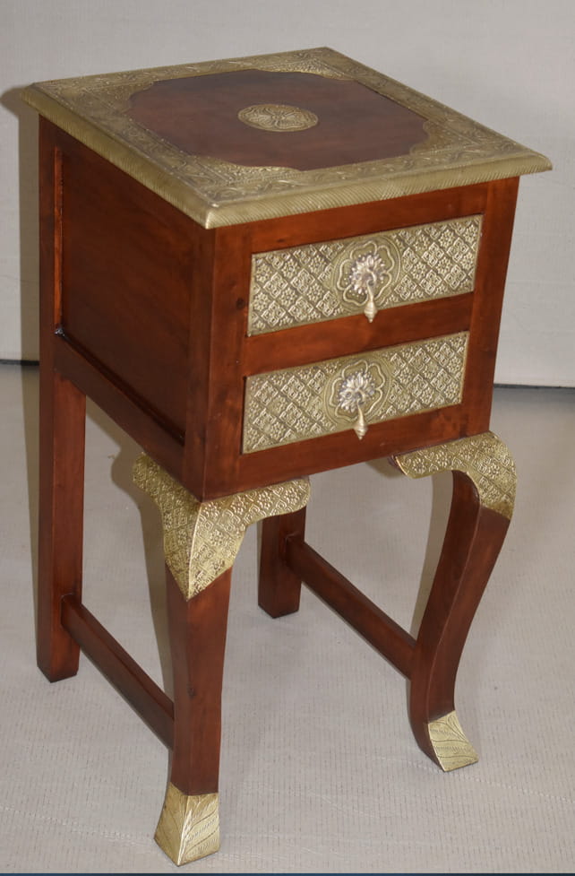 Antique Brass Work Solid Wood Brass Bedside Table