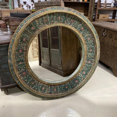 Mughal Hand Painted Indian Solid Wood Round Mirror Frame