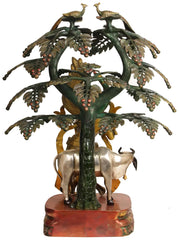 Indian Lord Krishna Fluting Under a Blooming Tree with Cow In Brass Statue