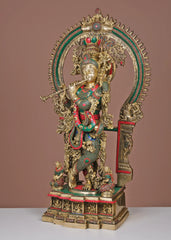 Indian Lord Krishna Playing Flute Brass Statue With Inlay Work