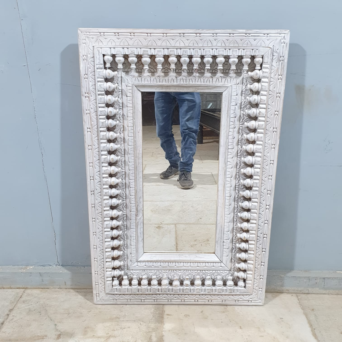 Handcrafted Indian Furniture Carved Wooden Mirror Frame Whitewash 90X5X60CM