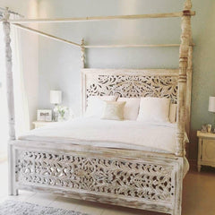 Dynasty Hand Carved Indian Wooden 4 Post Bed Frame White QUEEN