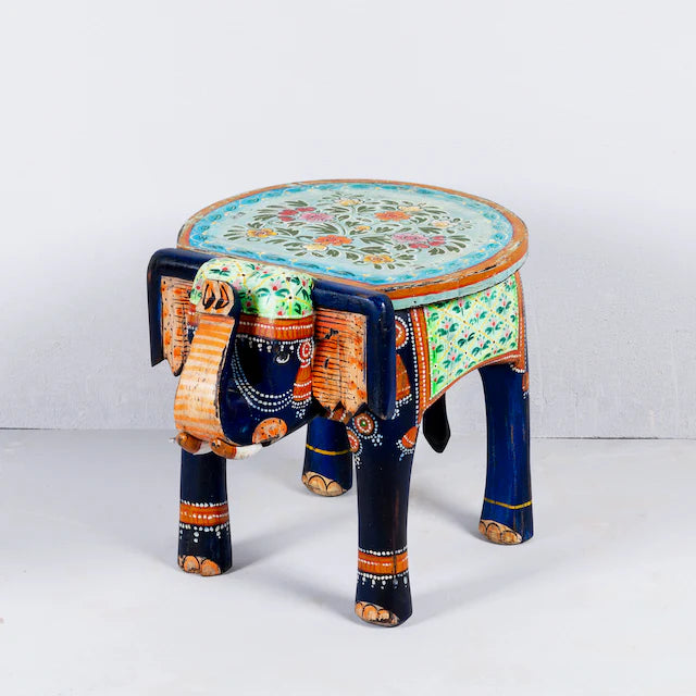 Brush & Timber Handpainted Solid Mango Wood Elephant Side Table in Multicolor