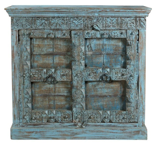 Antique Vintage Doors Cabinet Solid Blue Wood Indian Brocante