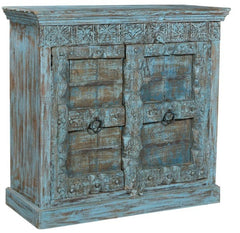 Antique Vintage Doors Cabinet Solid Blue Wood Indian Brocante