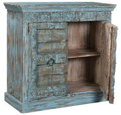 Antique Vintage Doors Cabinet Solid Blue Wood Indian Brocante