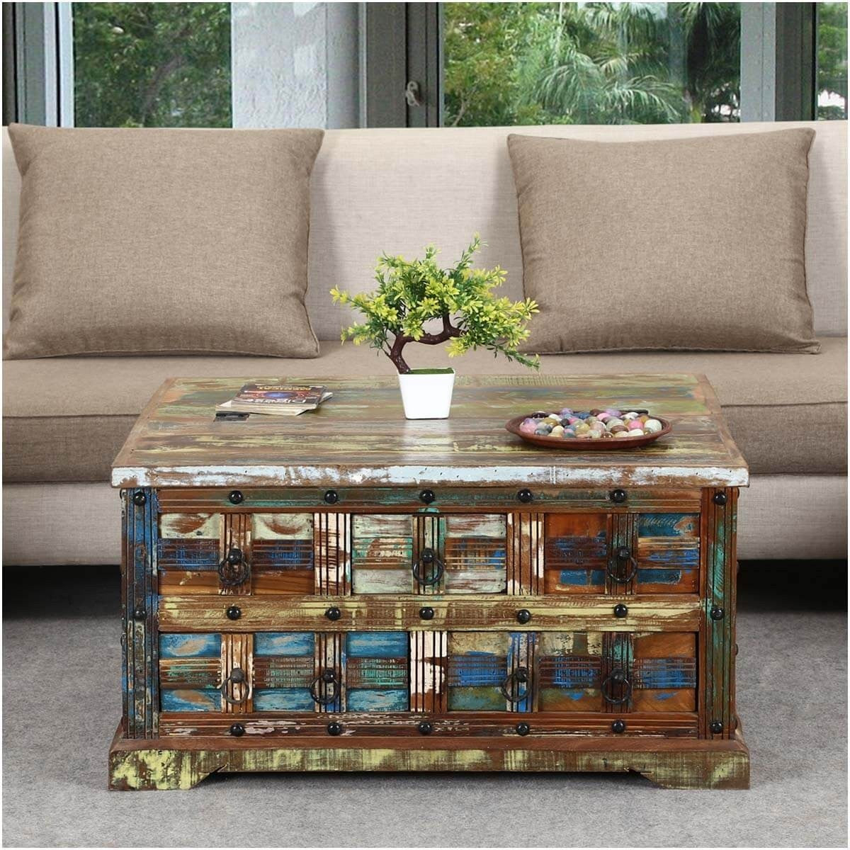 Liberty Reclaimed Wood Square 5 Drawer Coffee Table Chest Multi Colors