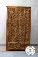 Floral Hand Craved Indian Wooden Carved Wardrobe Cabinet Brown