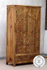 Floral Hand Craved Indian Wooden Carved Wardrobe Cabinet Brown