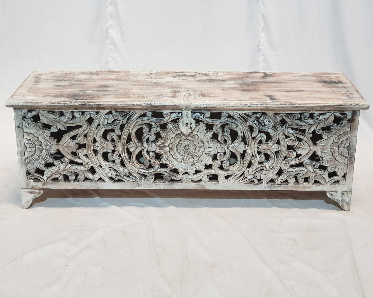 Dynasty French Hand Carved Blanket Box Whitewash Rustic 140x43x50cm