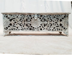 Dynasty French Hand Carved Blanket Box Whitewash Rustic 140x43x50cm