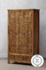 Floral Hand Craved Indian Wooden Carved Wardrobe Cabinet Brown