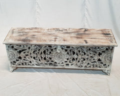 Dynasty French Hand Carved Blanket Box Whitewash Rustic 140x43x50cm