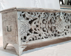 Dynasty French Hand Carved Blanket Box Whitewash Rustic 140x43x50cm