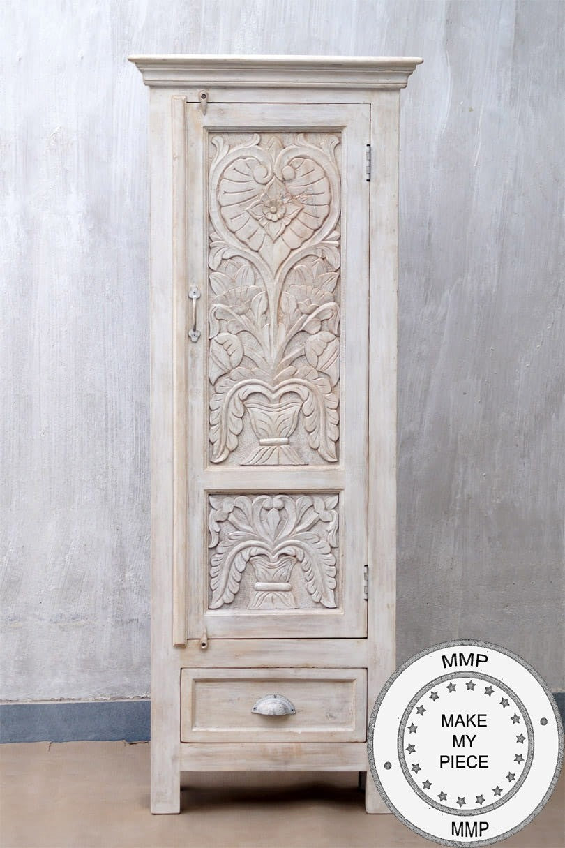 Floral Hand Craved Indian Wooden Carved Small Wardrobe Cabinet White