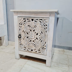 Indian Floral Hand Carved Wooden Bed Side Table Set 50x40x65cm Whitewash