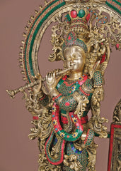 Indian Lord Krishna Playing Flute Brass Statue With Inlay Work