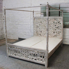 Dynasty Hand Carved Indian Wooden 4 Post Bed Frame White QUEEN