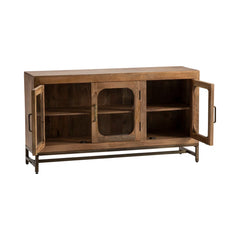 Indian Hand Carved Mango Wood Glass Door Sideboard Natural