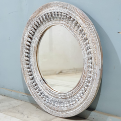 Handcrafted Indian Furniture Carved Wooden Mirror Frame Whitewash 90X90CM