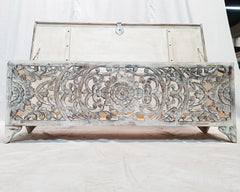 Dynasty French Hand Carved Blanket Box Whitewash Rustic 140x43x50cm