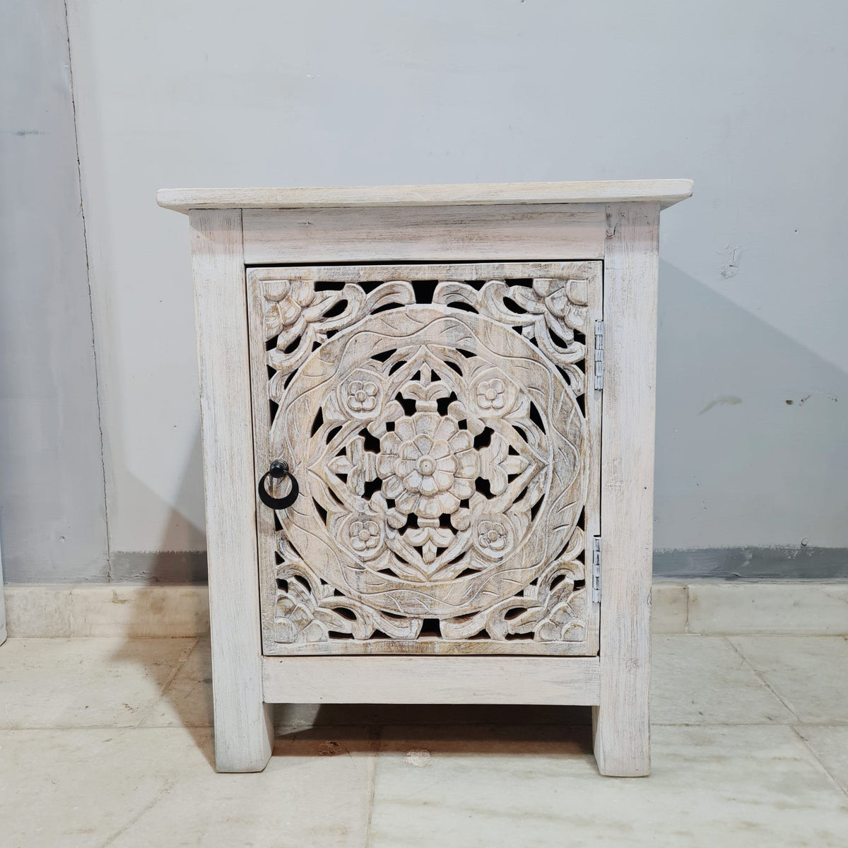 Indian Floral Hand Carved Wooden Bed Side Table Set 50x40x65cm Whitewash