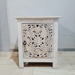 Indian Floral Hand Carved Wooden Bed Side Table Set 50x40x65cm Whitewash