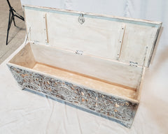 Dynasty French Hand Carved Blanket Box Whitewash Rustic 140x43x50cm