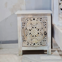 Indian Floral Hand Carved Wooden Bed Side Table Set 50x40x65cm Whitewash