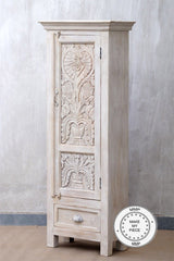 Floral Hand Craved Indian Wooden Carved Small Wardrobe Cabinet White