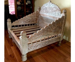 Mughal Garden Hand Carved Cream Percentage Finish Daybed Carved Bench Seat