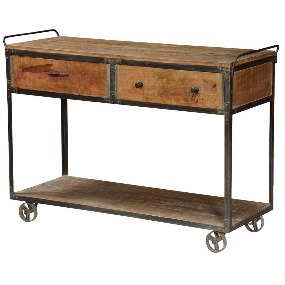 Modern Pioneer Mango Wood & Iron 50” Rolling 2 Tier Cart With Drawers