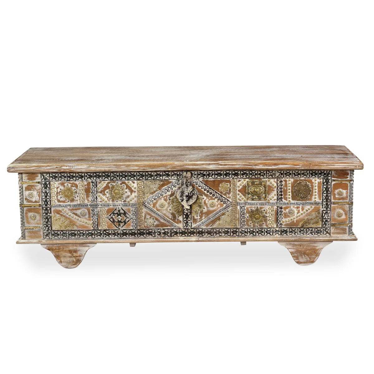 Indian Handmade Solid Wood Brass Fitted Chest Storage Blanket Box B3