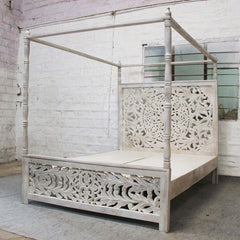 Dynasty Hand Carved Indian Wooden 4 Post Bed Frame White QUEEN