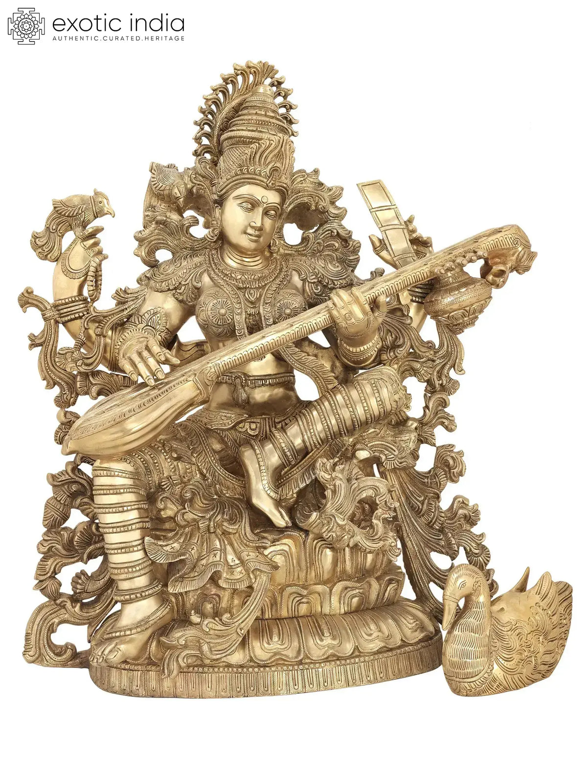 Indian Lord Goddess Sarasvati Brass Statue
