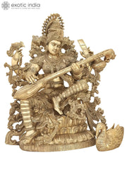 Indian Lord Goddess Sarasvati Brass Statue
