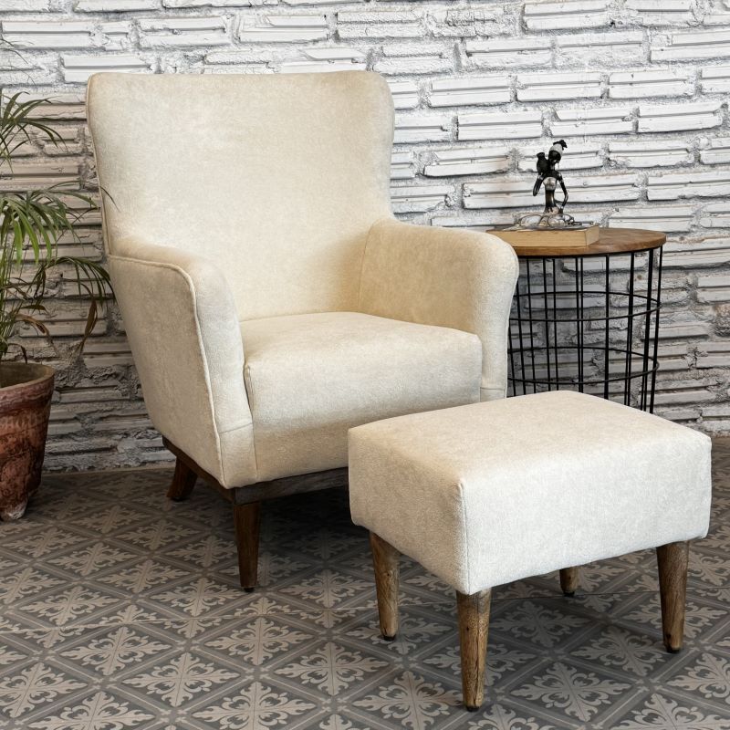 Indian Boucle Armchair With Ottomon White