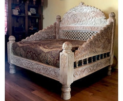 Mughal Garden Hand Carved Cream Percentage Finish Daybed Carved Bench Seat